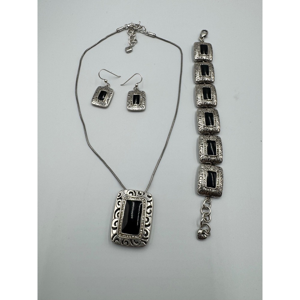 Brighton Silver Black Crystal Reversible Necklace Bracelet Earrings Jewelry Set